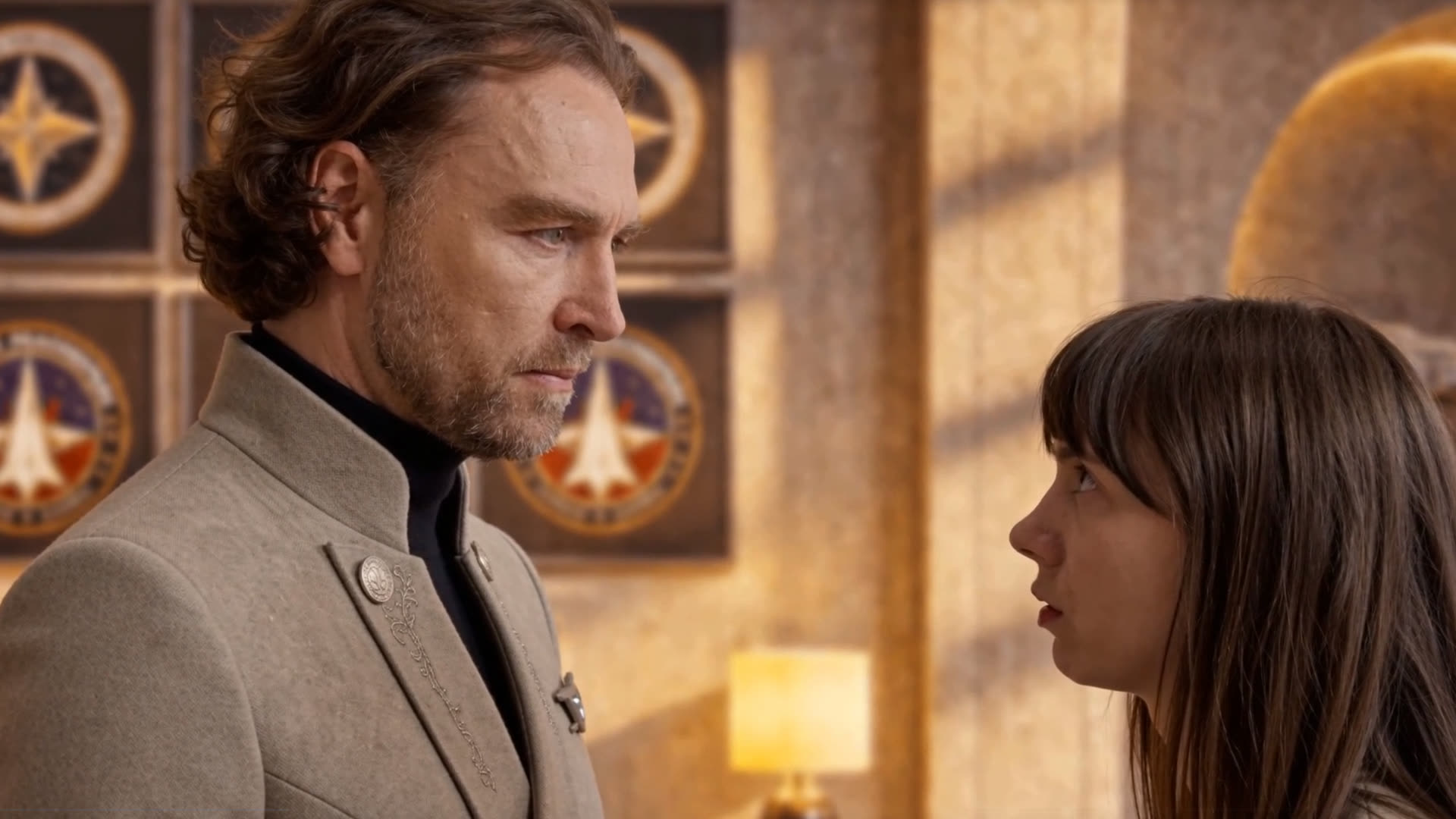 Two characters facing each other in a warm, sunlit interior