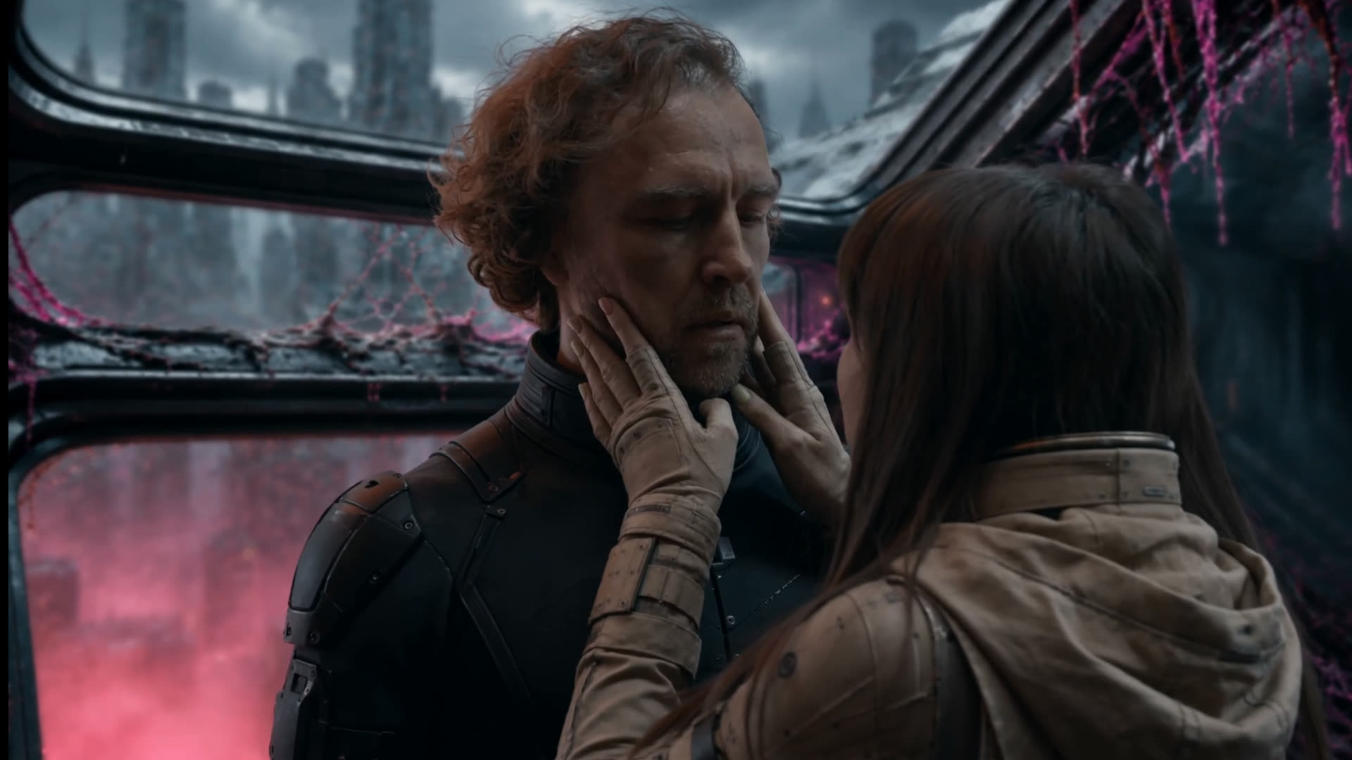 Two characters close together inside a wrecked craft, magenta growth across the windows