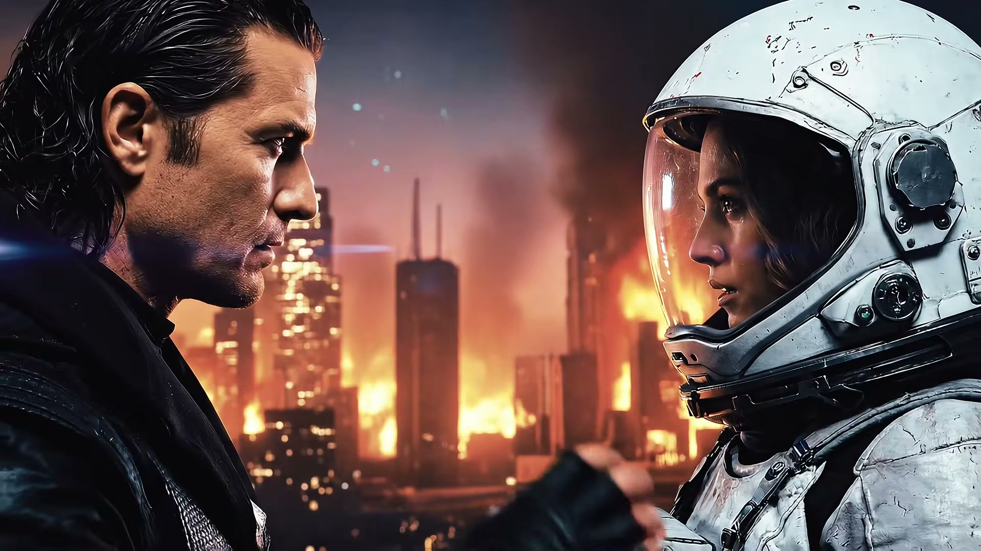 Rita and Dylan face to face against a burning skyline